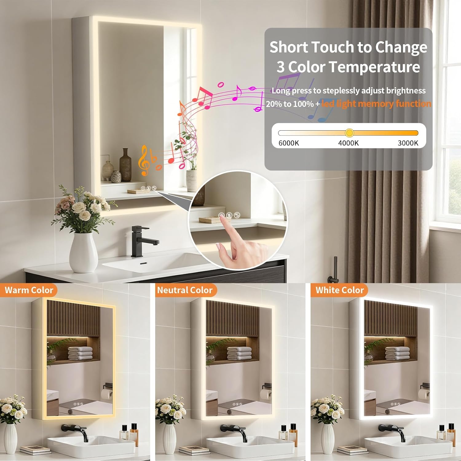 LUVODI Armario de Baño con Espejo con Luz LED Bluetooth 50x70x14.3 cm, Gabinete de Espejo con Antivaho, Luz de 3 Colores Ajustable, Bisagra Silenciosa, Mueble Baño de Pared con Toma de Corriente