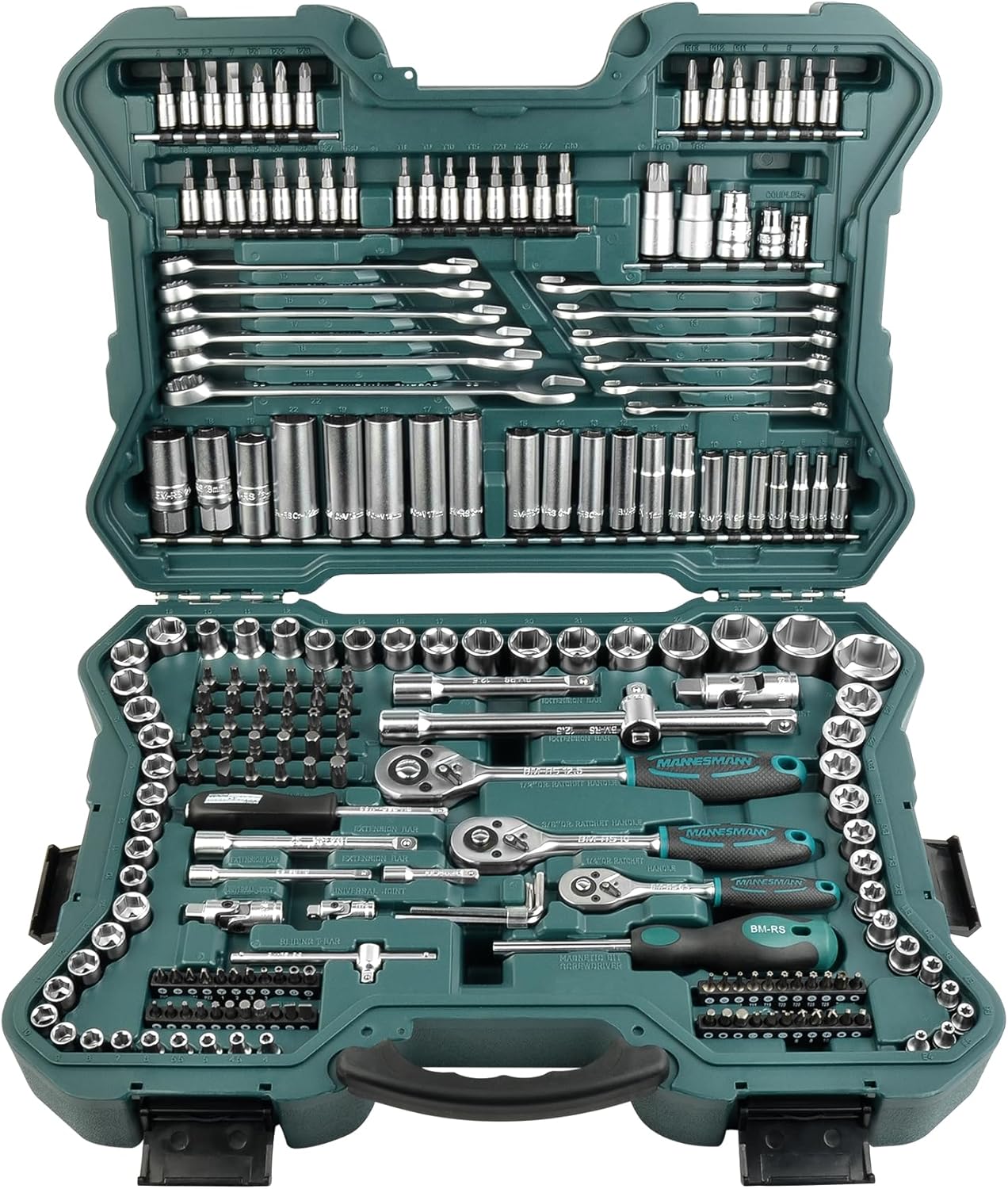 Mannesmann M98430 - Maletín con llaves de vaso y otras herramientas (215 piezas, tamaño: 12x36x51 cm), Color Verde Mannesmann