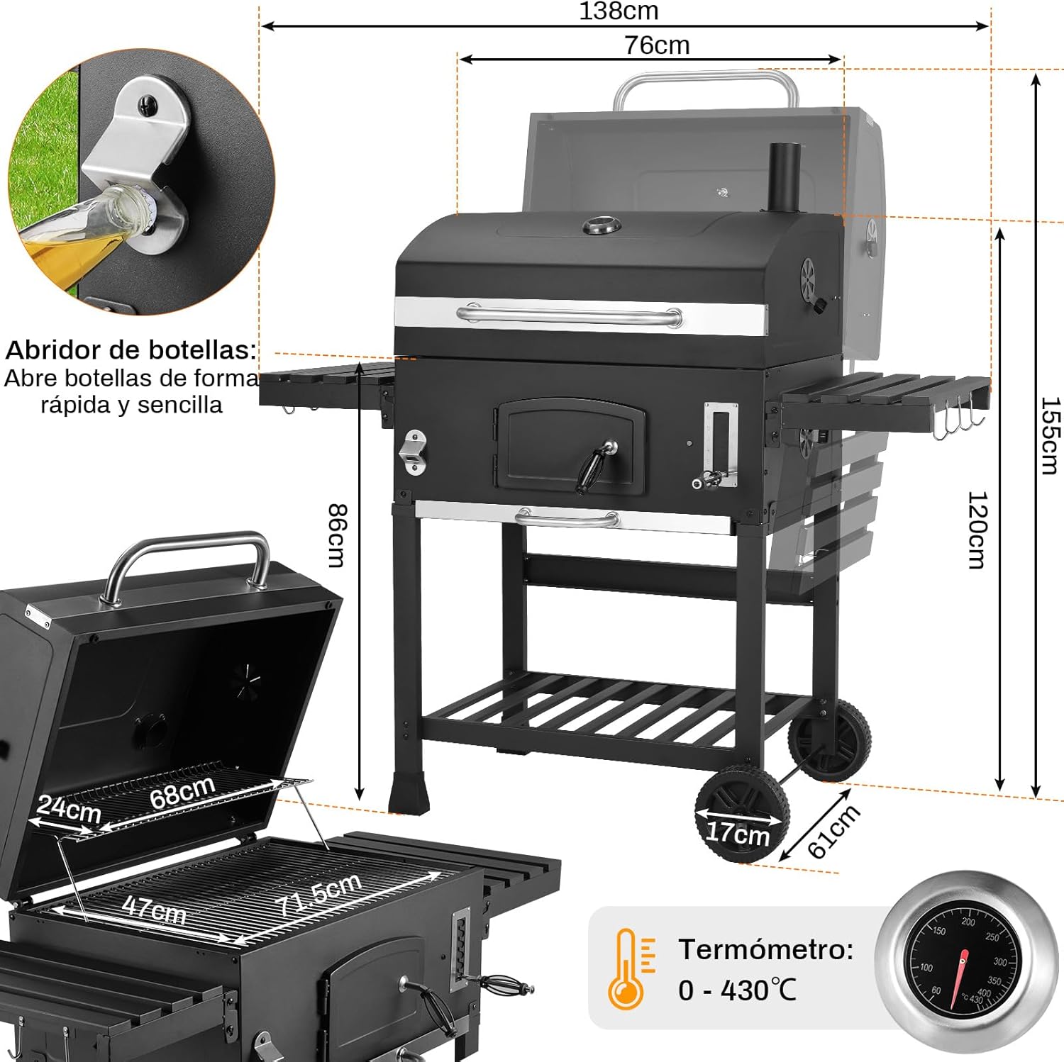 Barbacoa de Carbon XXL, Parrilla de Carbón con Chimenea y Tapa, Parrilla con Carrito BBQ Smoker con Ruedas y Termómetro, Grande BBQ Carbon para Camping y Jardín
