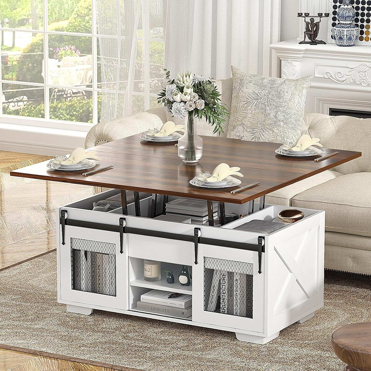 VOWNER Mesa de Centro Elevable, Mesa Extensible, Multifuncional 3 en 1 con Almacenamiento Oculto - Comedor, Convertible, Estilo Granja, Nogal