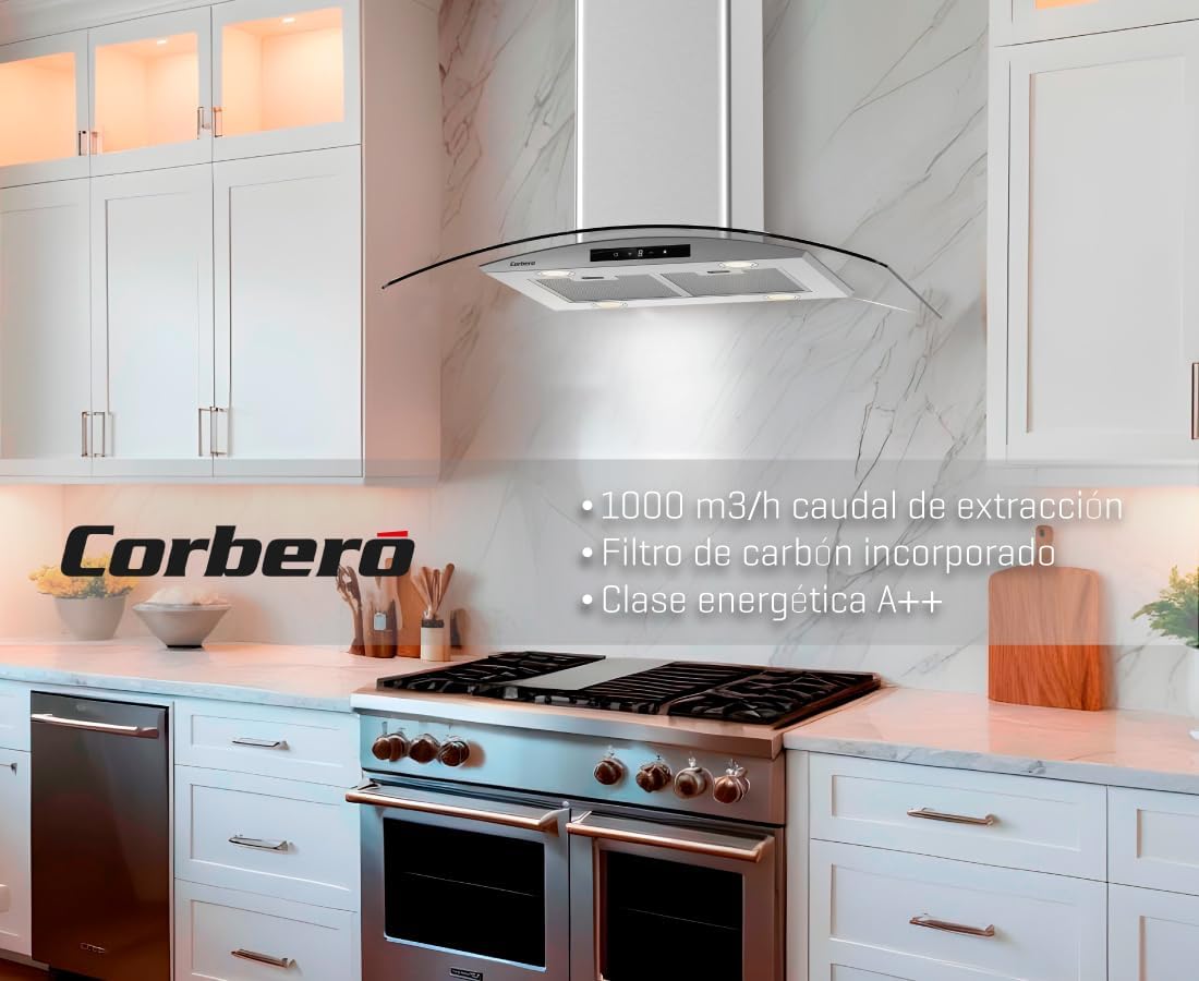 Corberó – Campana Extractora Isla 90 cm | SIROS9100 | Caudal 946m³/h | 66db | 296W | 6 Velocidades | Control Touch| 2 Filtros de Aluminio + Filtro de Carbon | Inox