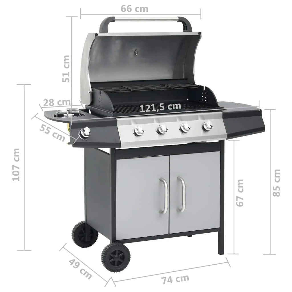 Barbacoa Grill De Gas 4+1 Quemadores Negra Y Plateada Vidaxl
