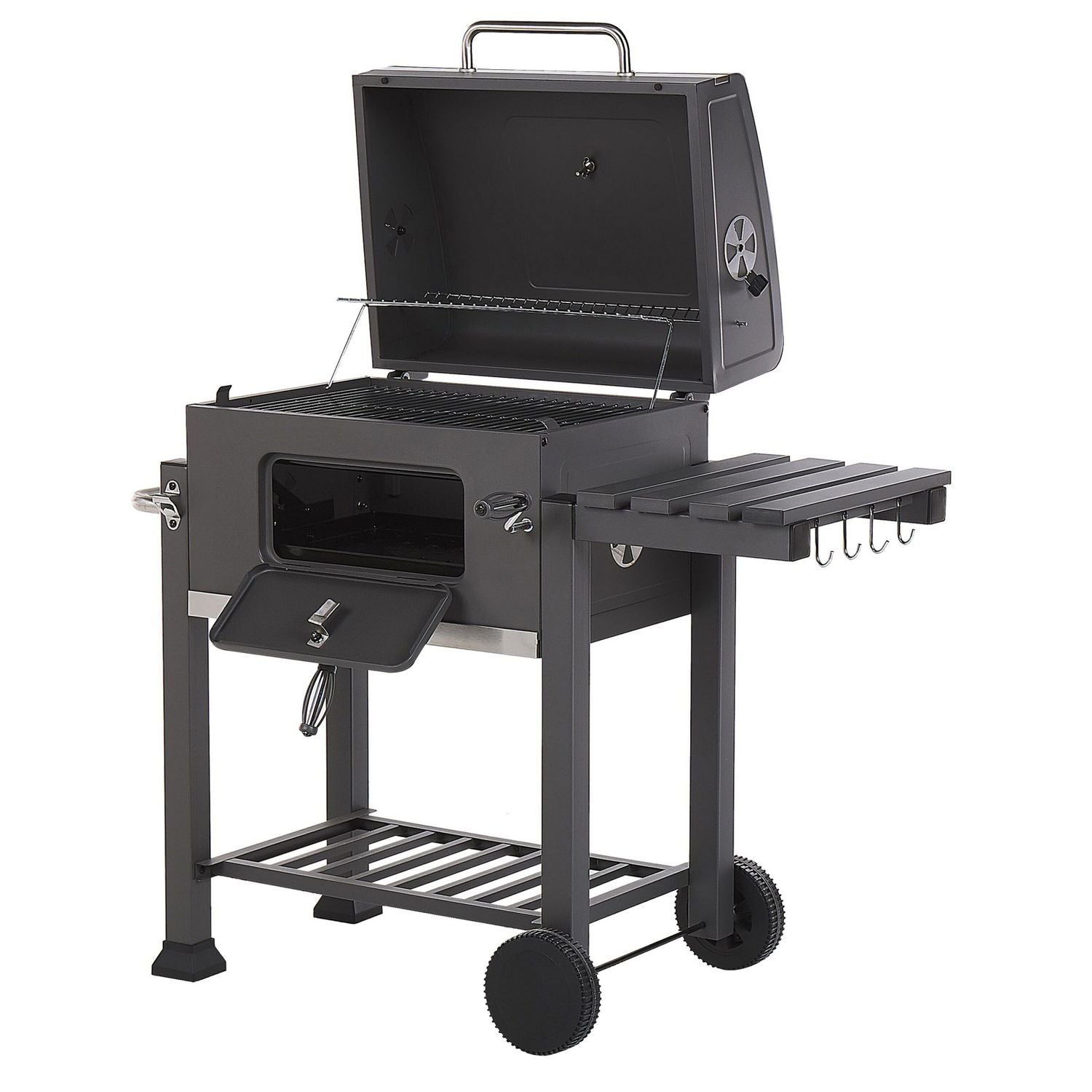 Barbacoa De Carbón Parrilla De Acero Gris Con Tapa Rejilla Ruedas 2 Estantes Termómetro Cenicero Extraíble Jardín Pavlof - Gris