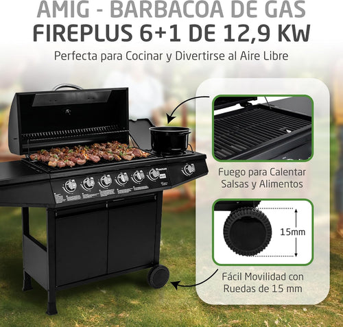 Amig - Barbacoa de gas Fireplus 6+1 de 12,9 kW - Acero inoxidable Negro - Parrilla con ruedas Modelo GRILL-6F - Barbacoa XXL con carro y termómetro - 138x52x103 cm - 7 quemadores y Bandeja lateral