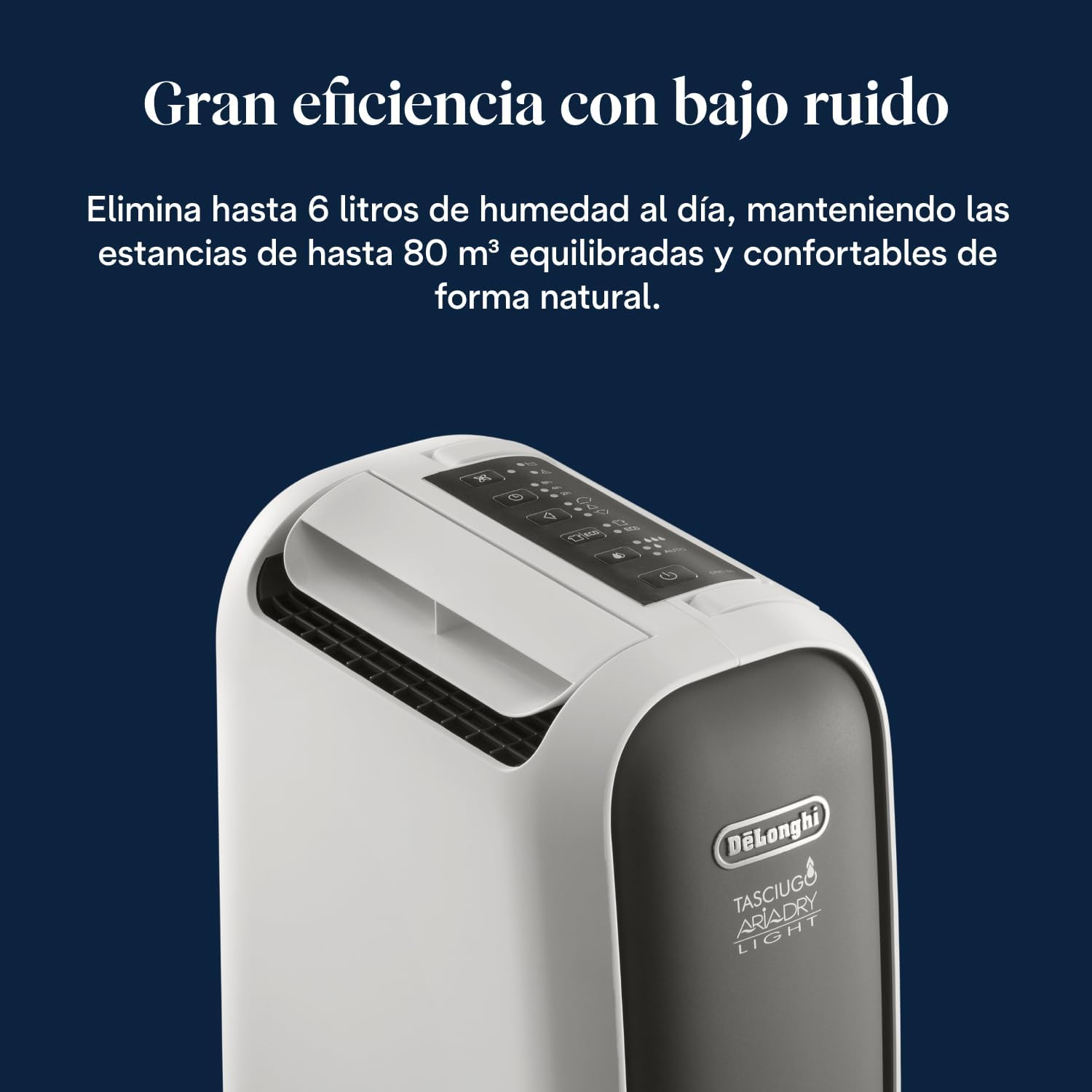 De’Longhi Tasciugo AriaDry Light - Deshumidificador portátil con tecnología Zeolite e ionizador, Elimina hasta 6 L/día, seca la ropa, anti-moho y silencioso, Función swing y temporizador, Gris (DNS65)