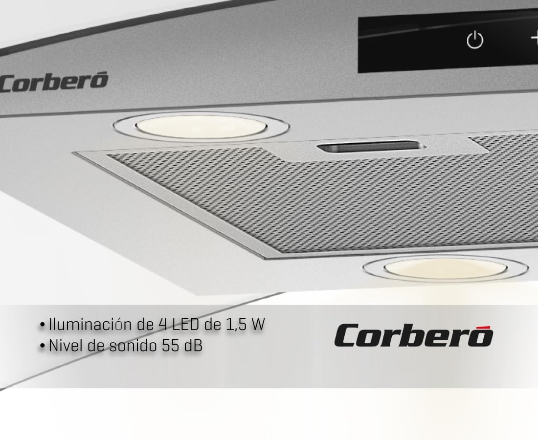 Corberó – Campana Extractora Isla 90 cm | SIROS9100 | Caudal 946m³/h | 66db | 296W | 6 Velocidades | Control Touch| 2 Filtros de Aluminio + Filtro de Carbon | Inox