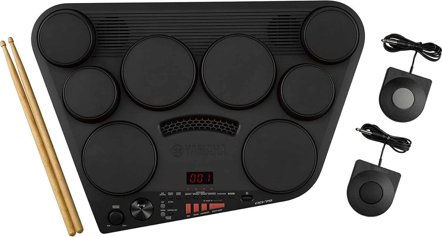 Yamaha DD-75 - Batería electrónica portátil con 8 pads de batería sensibles a la pulsación, conjunto con control de volumen y conexión para auriculares, color Negro