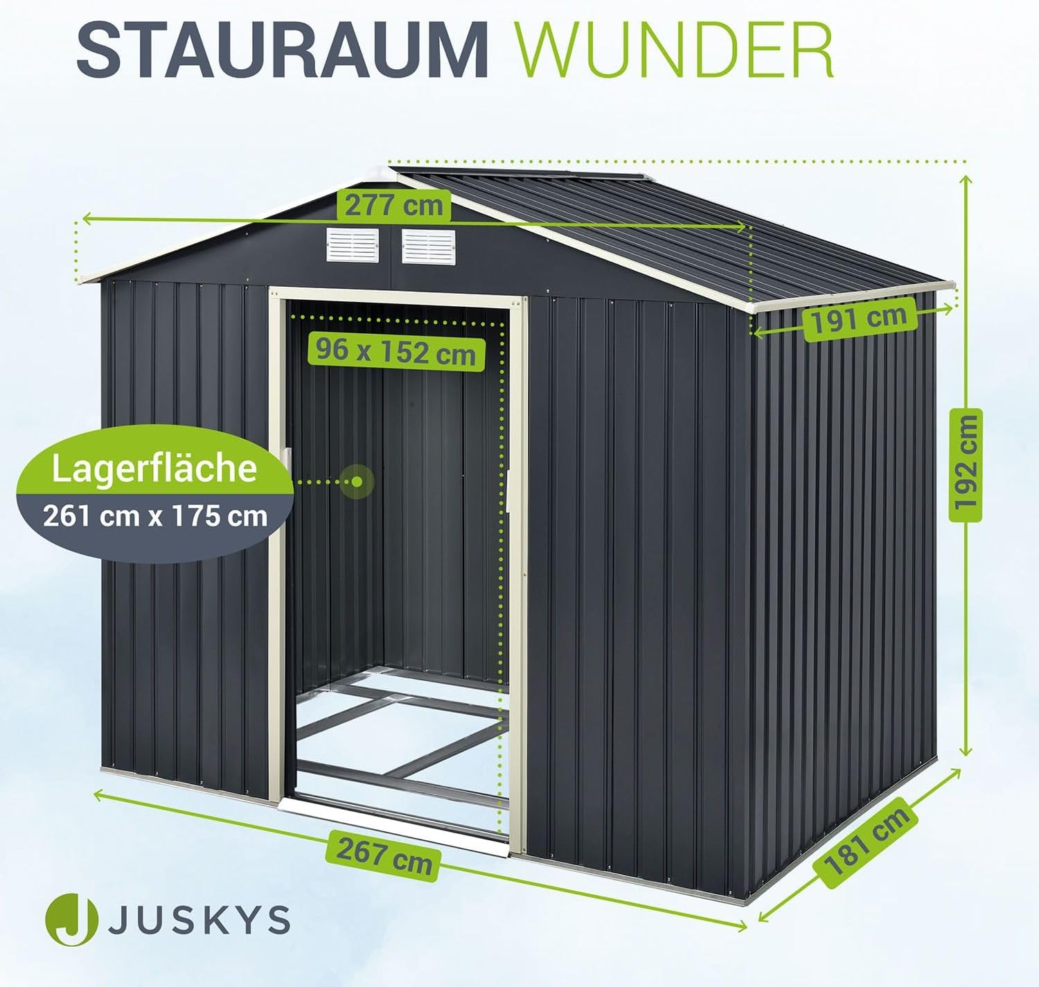 Juskys caseta metálica para Herramientas XL 9m³ con Techo a Dos Aguas, Puerta corredera y cimentación - 277 x 191 x 192 cm - Antracita - cobertizo metálico para jardín