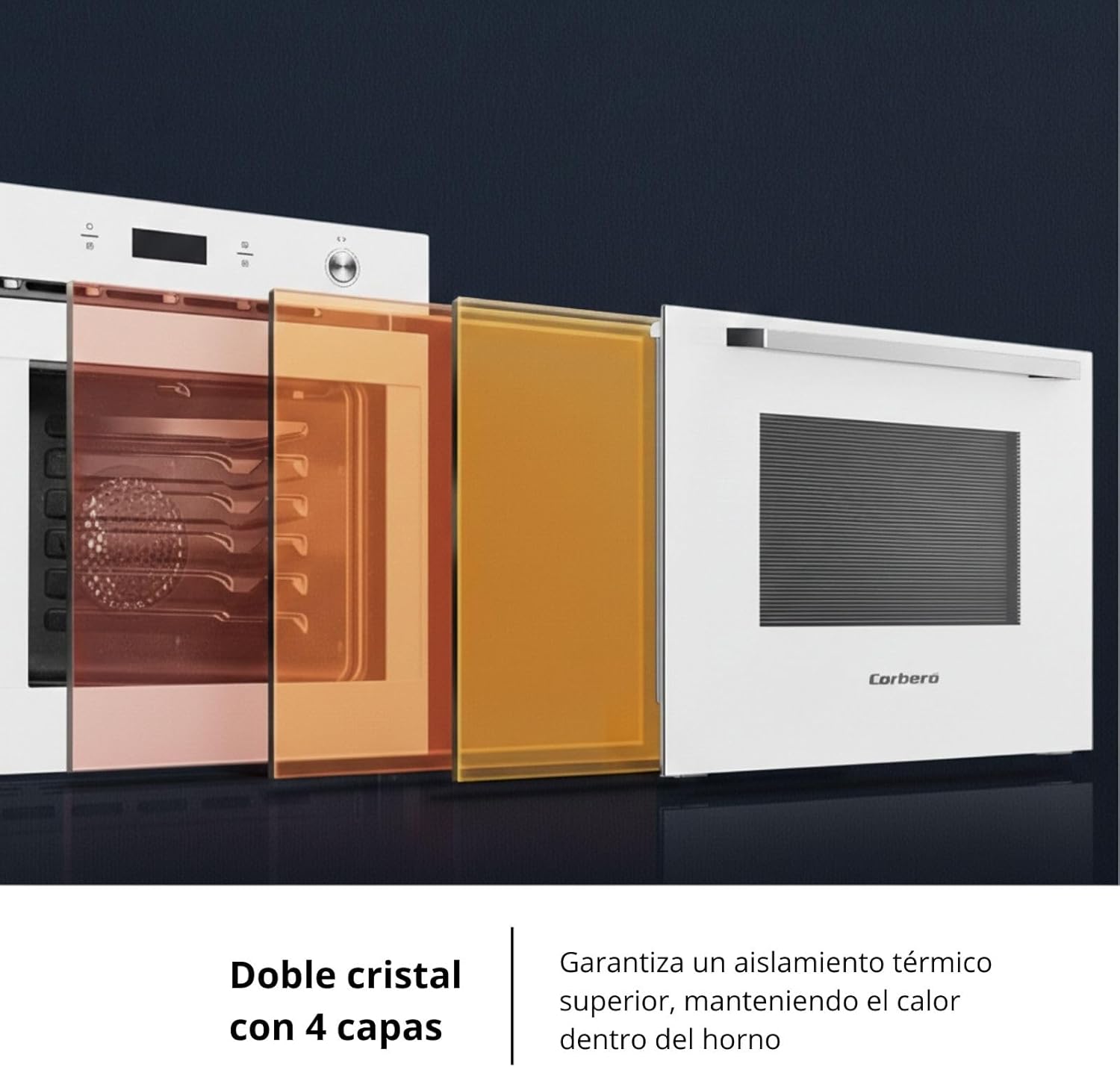 Corberó- Horno Pirolítico Multifunción 70L | CCHMP1033W |59.5cm(L)x59.5cm(A)x57.5cm(H) | 3200W | Display Digital | Mandos Escamoteables | Puerta Doble Cristal| Guías Extraíbles | 8 Programas, Blanco