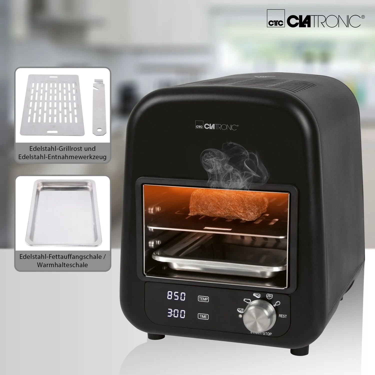Barbacoa Grill Eléctrica Infrarrojos, Parrilla Cerámica, 5 Programas Cocinado, 850ºc,  Interior Negro 1600w Clatronic Ebg 3760
