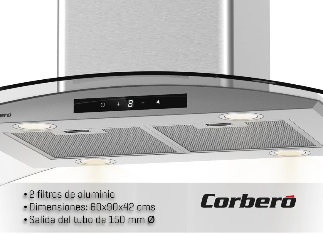 Corberó – Campana Extractora Isla 90 cm | SIROS9100 | Caudal 946m³/h | 66db | 296W | 6 Velocidades | Control Touch| 2 Filtros de Aluminio + Filtro de Carbon | Inox