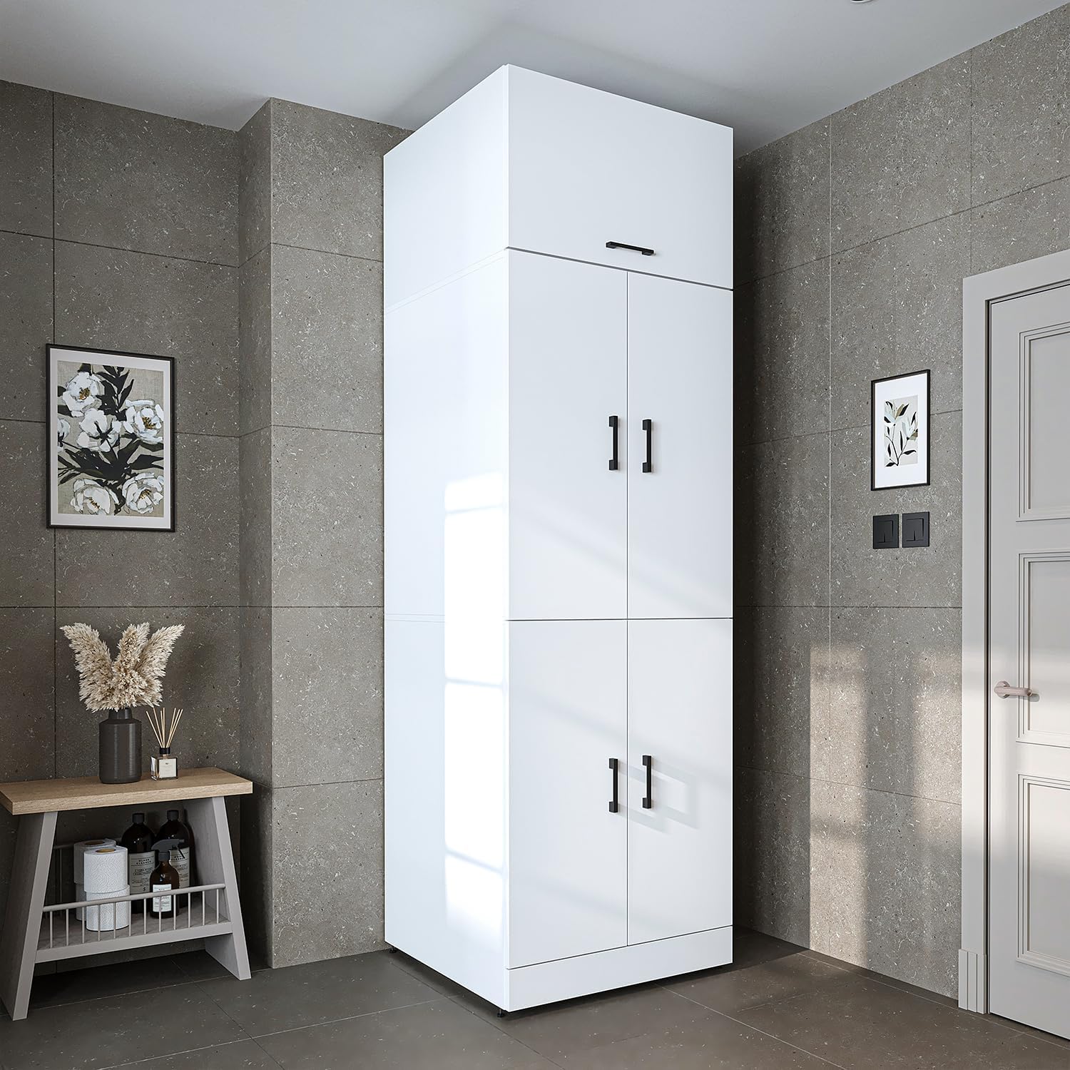 Dora - Armario para lavadora y secadora en 4 colores, con puertas y mesa extensible (blanco, altura 230 cm)