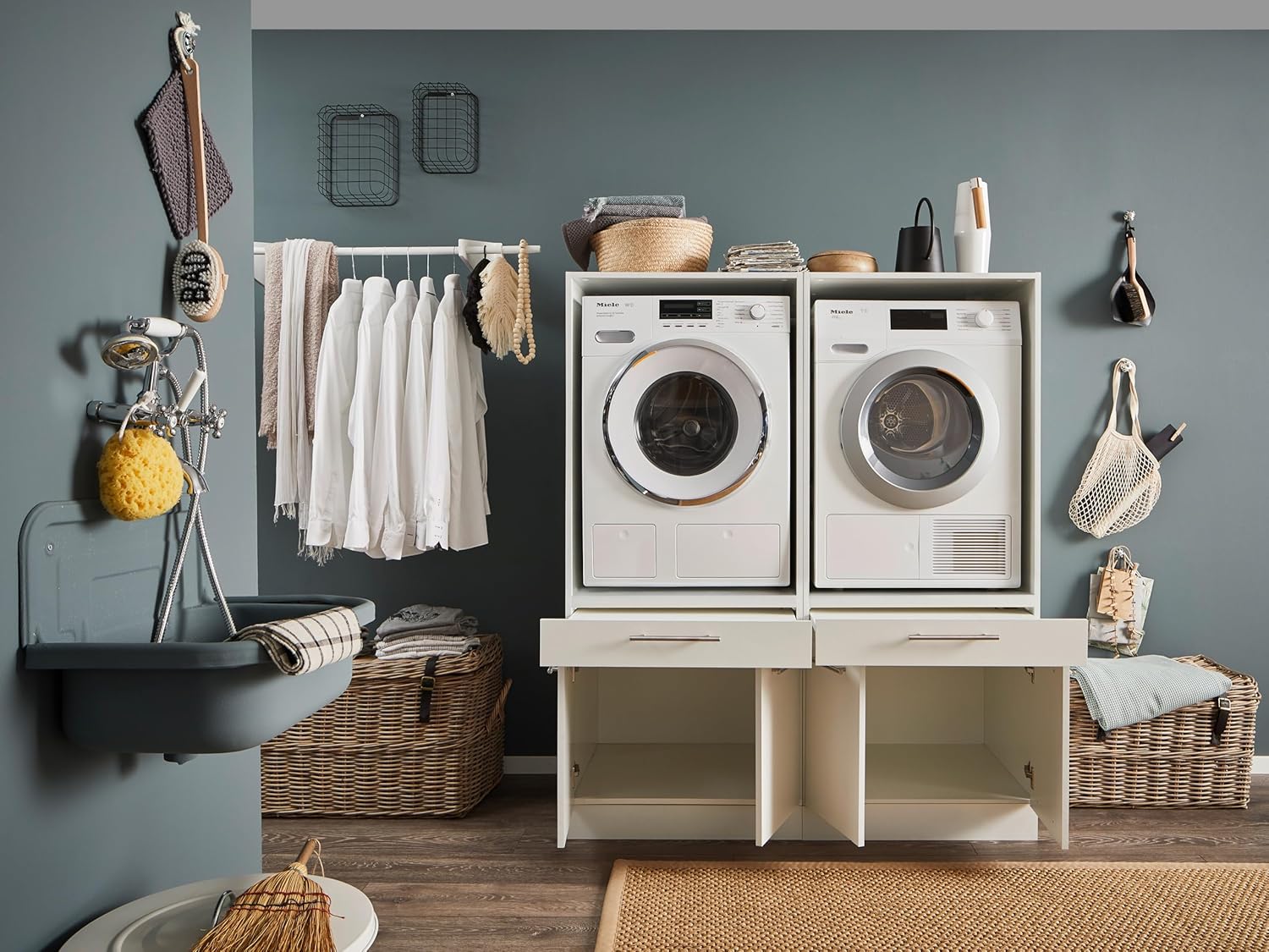 Laundreezy 2X - Armario para Lavadora, Color Blanco, Armario Sobrepuesto para Lavadora con certificación TÜV y Mucho Espacio de Almacenamiento, 135 x 162 x 67,5 cm (Ancho x Alto x Profundo)