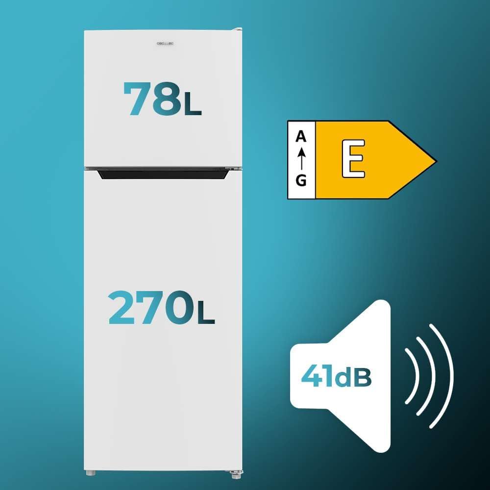 Cecotec Frigoríficos 2D Bolero CoolMarket 2D 348 NF White E. Motor Inverter NoFrost, Frigorífico 2 Puertas Blanco 170X59.5Cm, 348L, No Frost, Clase Energética E, Display Interior, Puerta Reversible