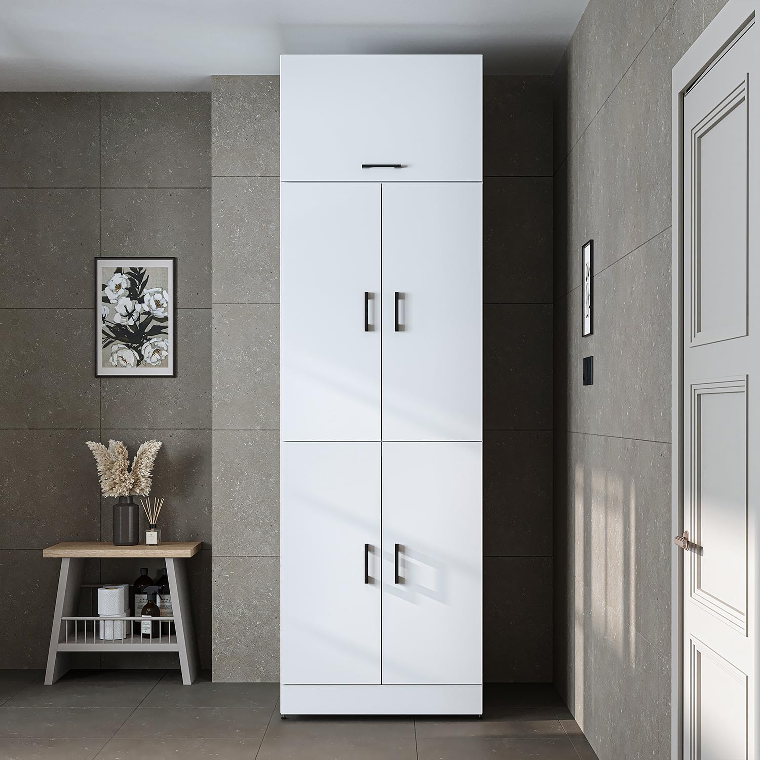 Dora - Armario para lavadora y secadora en 4 colores, con puertas y mesa extensible (blanco, altura 230 cm)