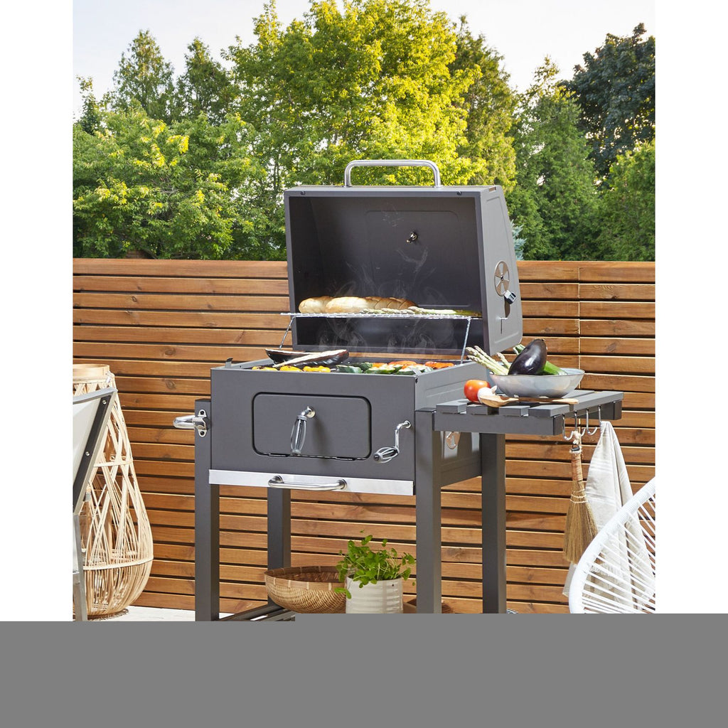 Barbacoa De Carbón Parrilla De Acero Gris Con Tapa Rejilla Ruedas 2 Estantes Termómetro Cenicero Extraíble Jardín Pavlof - Gris