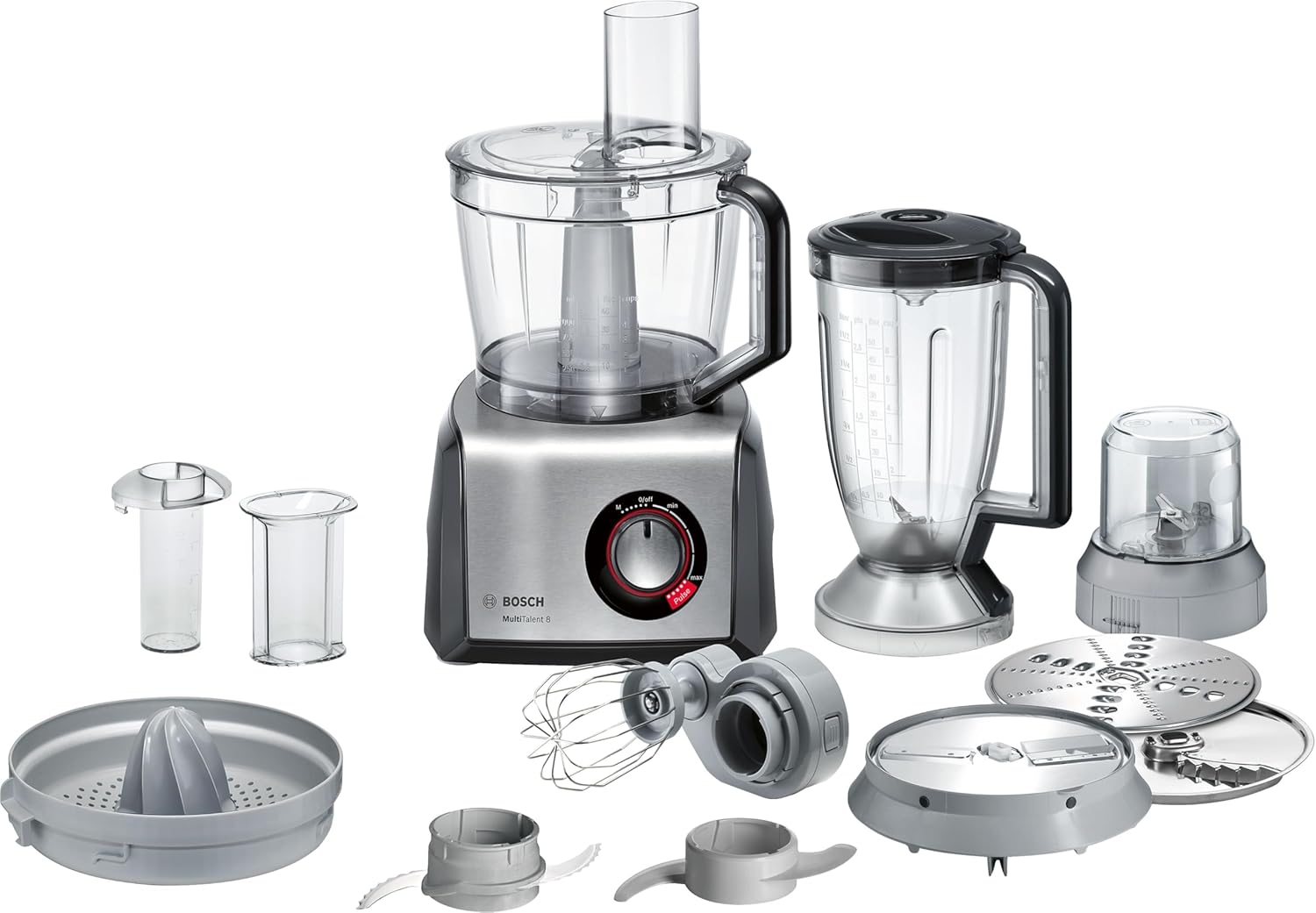 Bosch MultiTalent 8, Robot kuchenny z tarczą do frytek i młynkiem do ziaren, 1250 W, duża misa 3,9 l, mikser 1,5 l, wyciskarka do cytrusów, wyświetlacz LED, MC812M844, biały, szczotkowana stal